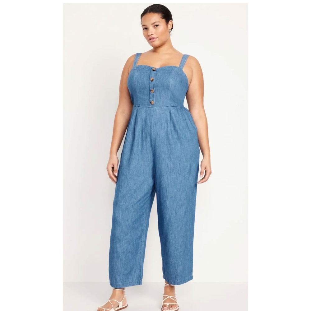 NWT Old Navy XXL Blue Denim Chambray Overall Button Wide Leg Jumpsuit Beach - Picture 1 of 11